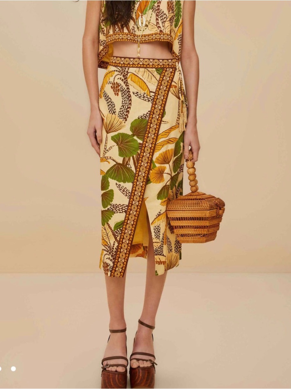 Farm Rio Yellow Tropical Print Wrap Midi Skirt